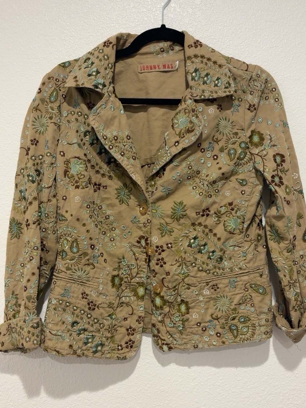 Vintage Johnny Was Embroidered Cotton Blazer Crystal Buttons M